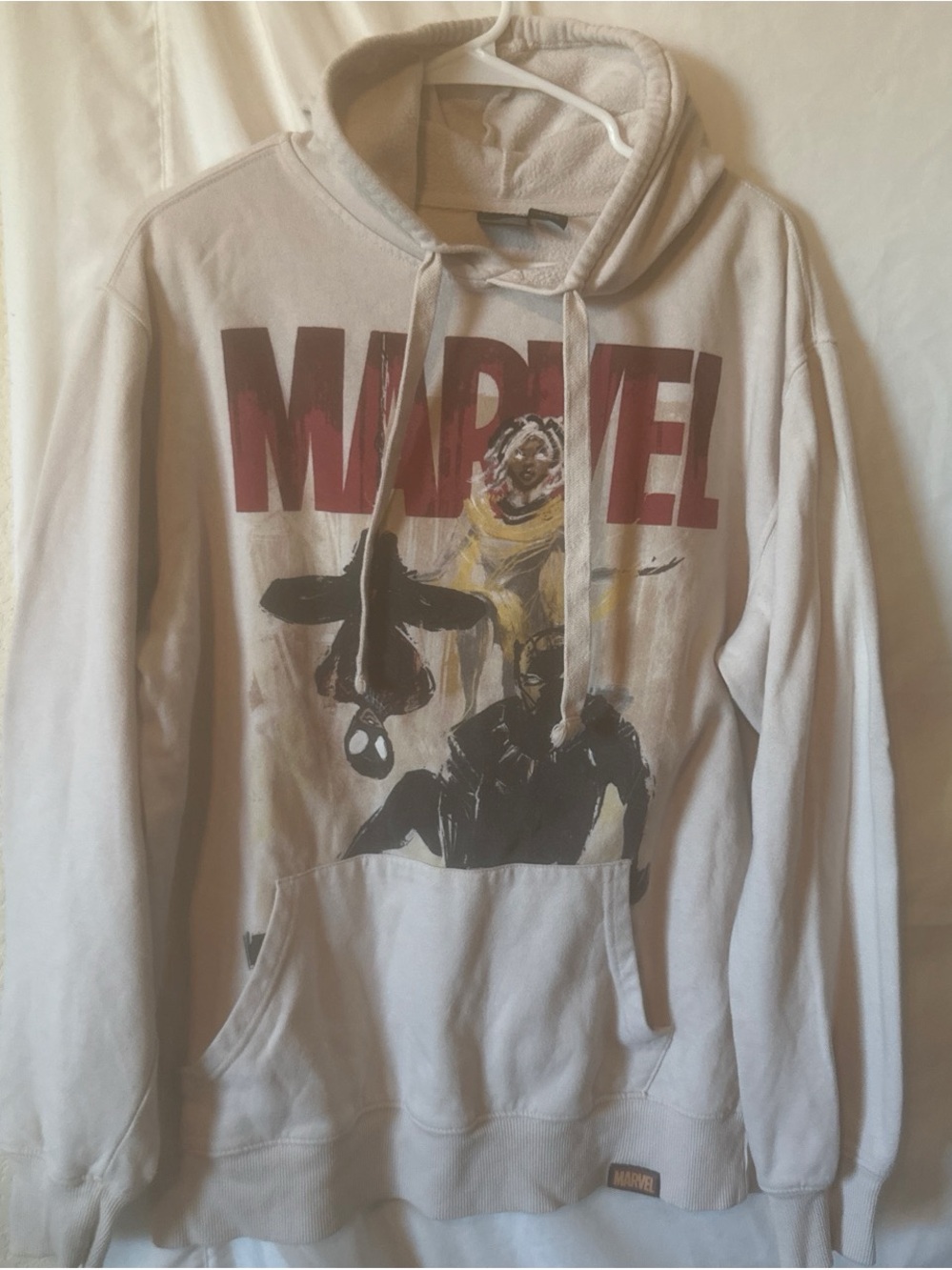 Marvel Cream Crewneck Hoodie with Red Logo and Multicolor Graphic